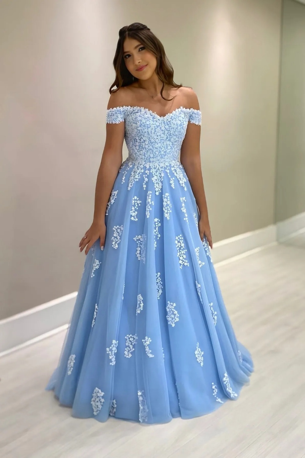 Off-the-Shoulder Blue Tulle Lace Mother of the Bride Dress ALine Evening Dress