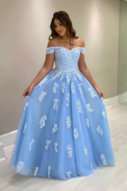 Off-the-Shoulder Blue Tulle Lace Mother of the Bride Dress ALine Evening Dress