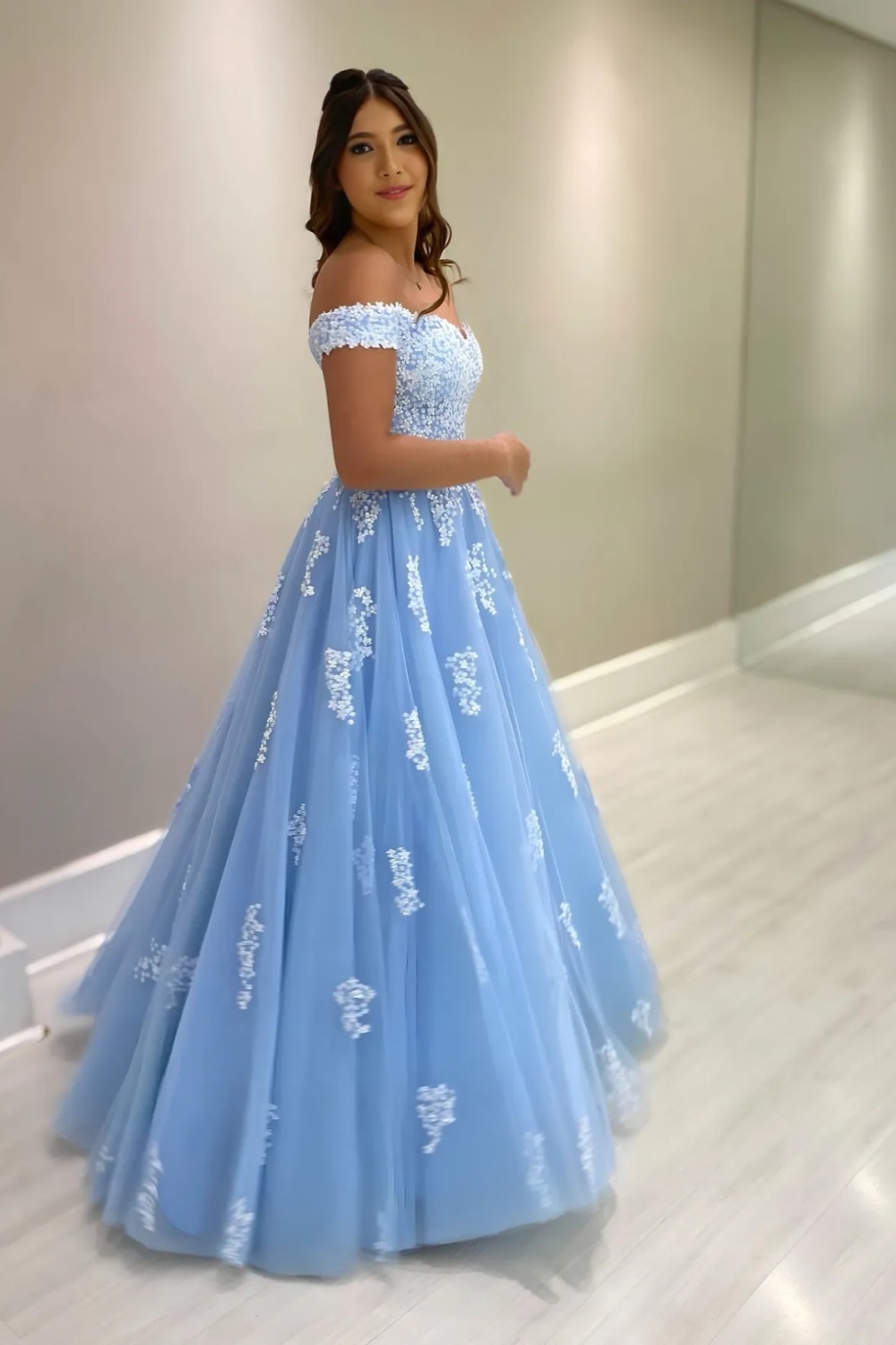 Off-the-Shoulder Blue Tulle Lace Mother of the Bride Dress ALine Evening Dress