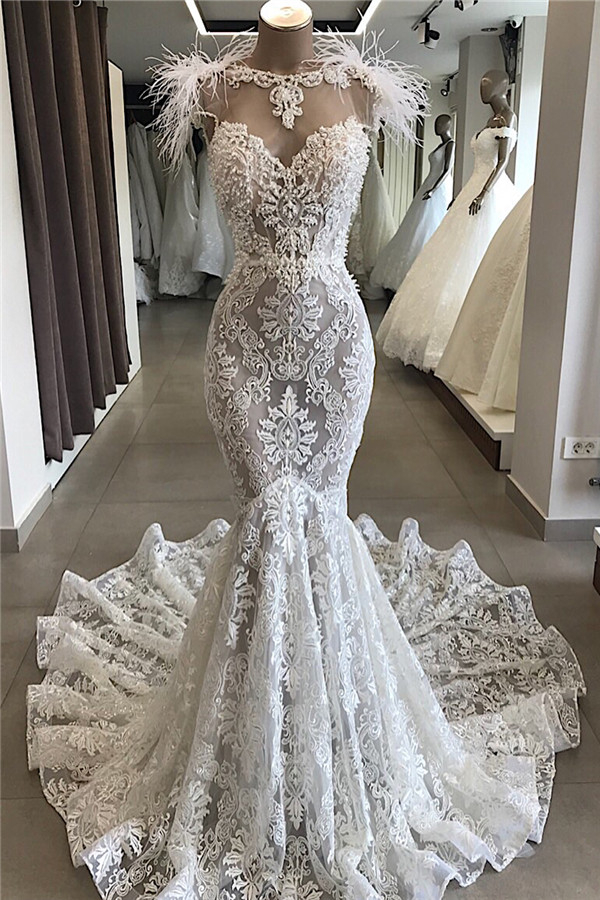Fit and Flare Lace Wedding Dress with Crystal Open Back Mermaid Bridal Gown