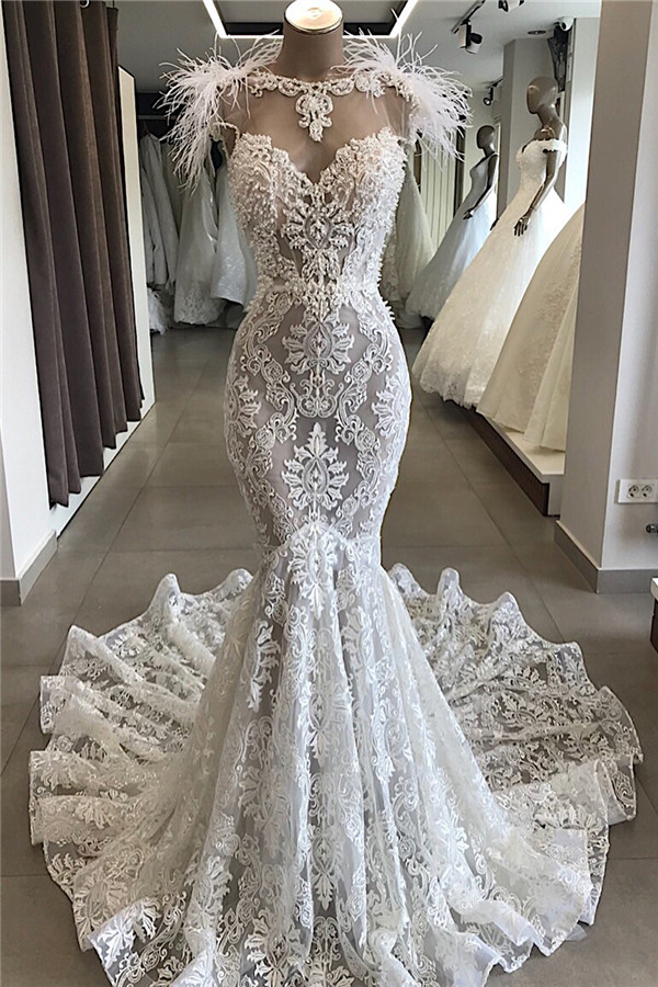 Fit and Flare Lace Wedding Dress with Crystal Open Back Mermaid Bridal Gown