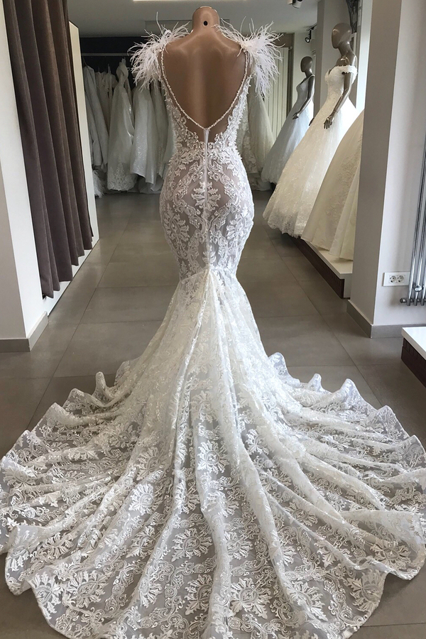 Fit and Flare Lace Wedding Dress with Crystal Open Back Mermaid Bridal Gown