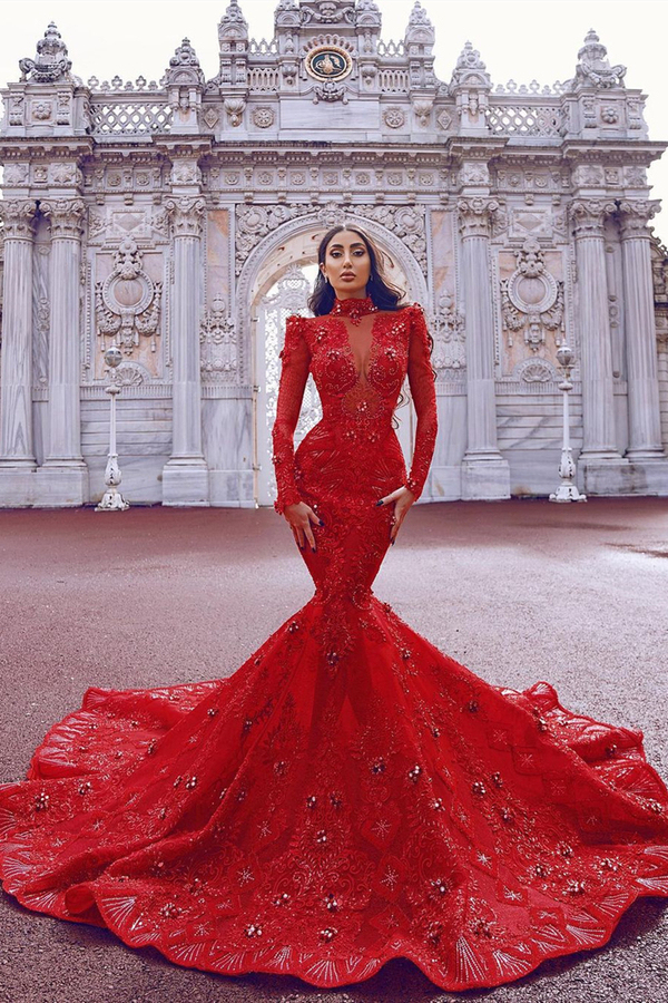 Floor Length Red Mermaid Prom Gown | Crystals Long Sleeve Sweep Train Party Gown