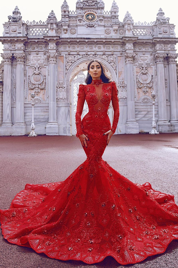 Floor Length Red Mermaid Prom Gown | Crystals Long Sleeve Sweep Train Party Gown