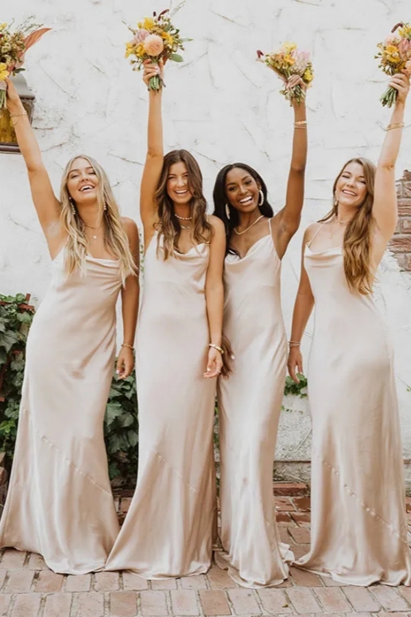 Sleeveless Floor-Length Ruffle Satin Bridesmaid Dresses Simple Wedding Guest Dress