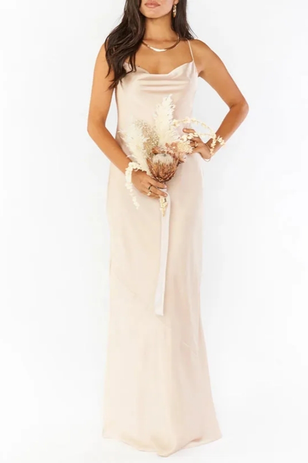 Sleeveless Floor-Length Ruffle Satin Bridesmaid Dresses Simple Wedding Guest Dress