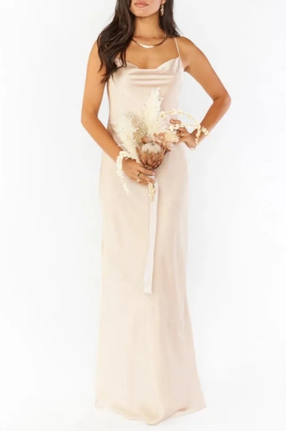 Sleeveless Floor-Length Ruffle Satin Bridesmaid Dresses Simple Wedding Guest Dress
