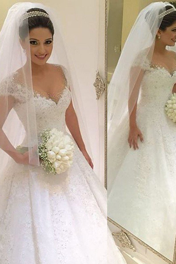Floor-Length Tulle Sleeveless V-Neck Beaded Ball Gown Wedding Dress