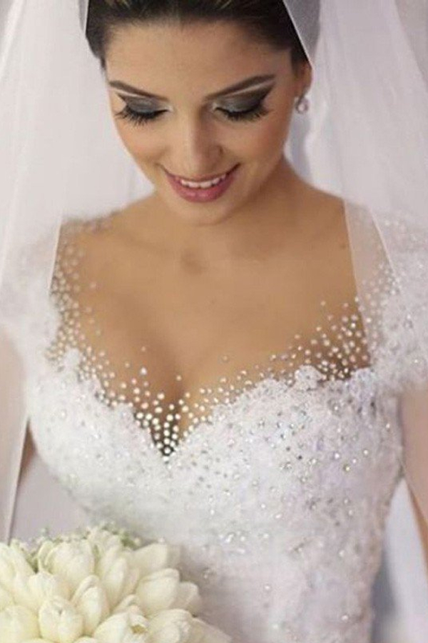Floor-Length Tulle Sleeveless V-Neck Beaded Ball Gown Wedding Dress