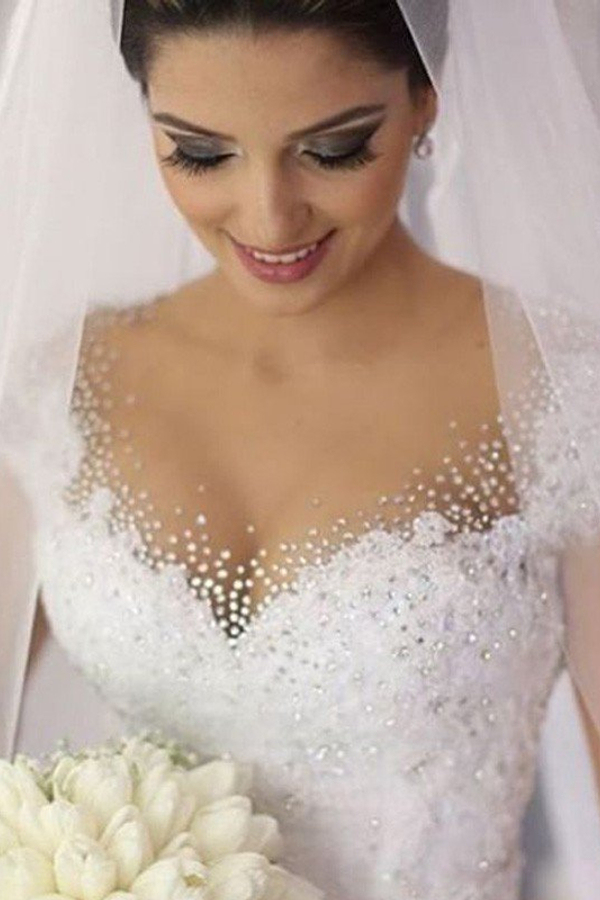 Floor-Length Tulle Sleeveless V-Neck Beaded Ball Gown Wedding Dress