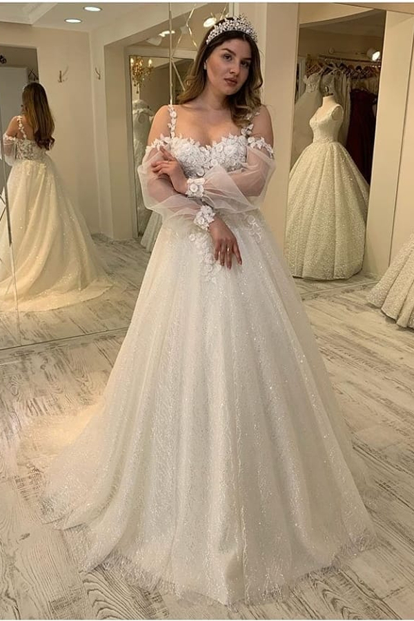 Spaghetti Straps Floral Appliques Glitter A-line Wedding Dresses | Tulle Long Sleeve Pleated Bridal Gowns