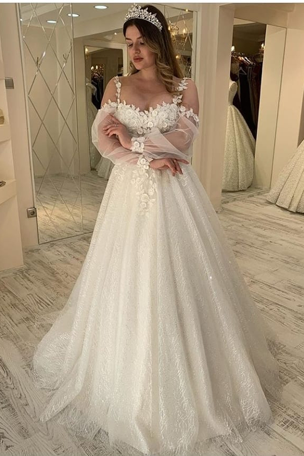 Spaghetti Straps Floral Appliques Glitter A-line Wedding Dresses | Tulle Long Sleeve Pleated Bridal Gowns