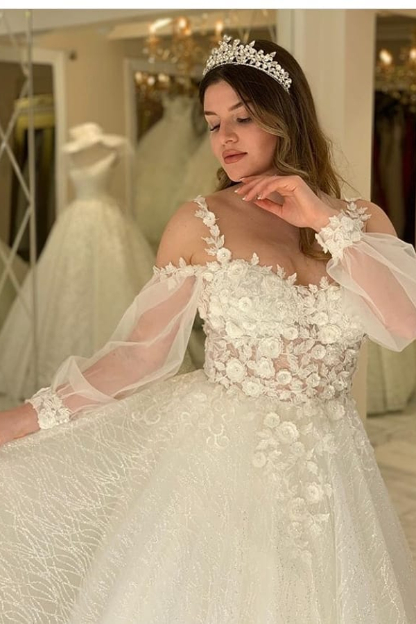 Spaghetti Straps Floral Appliques Glitter A-line Wedding Dresses | Tulle Long Sleeve Pleated Bridal Gowns