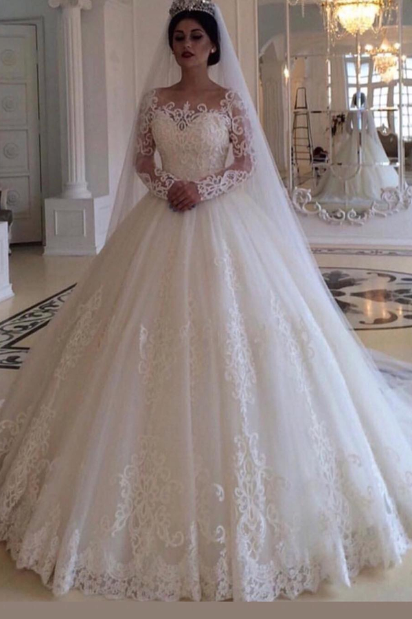 Glamorous Bateau Long Sleeve Lace Princess Wedding Dress