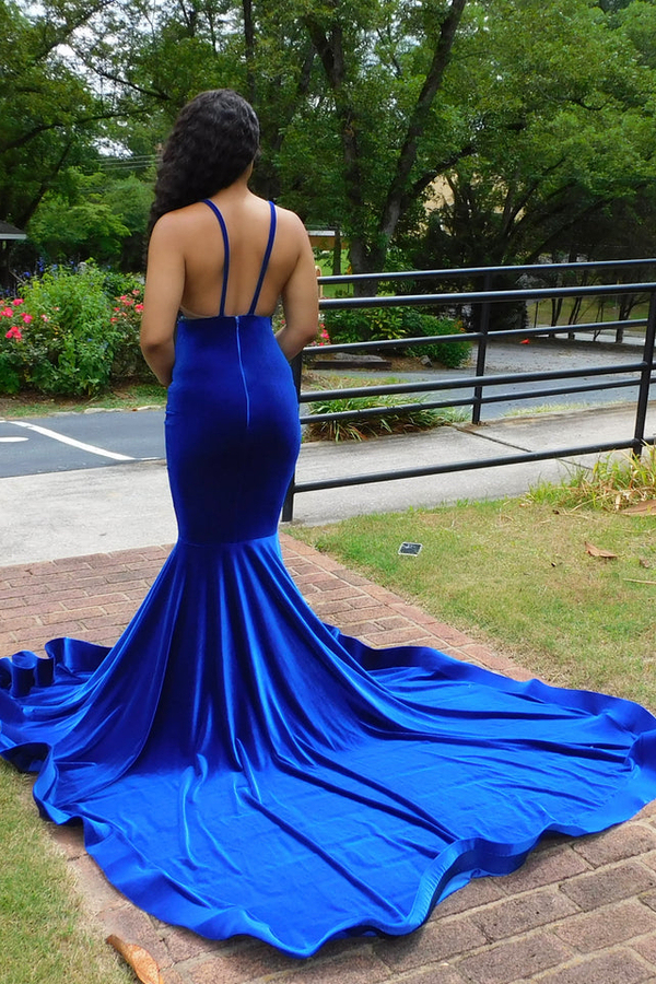 Glamorous Blue V-Neck Spaghetti Strap Prom Dress Floral Mermaid Prom Dress