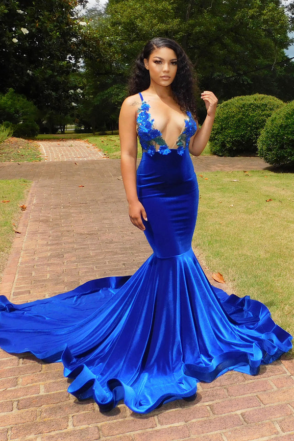 Glamorous Blue V-Neck Spaghetti Strap Prom Dress Floral Mermaid Prom Dress