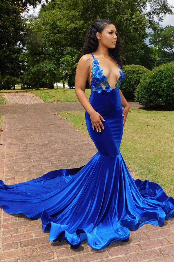 Glamorous Blue V-Neck Spaghetti Strap Prom Dress Floral Mermaid Prom Dress