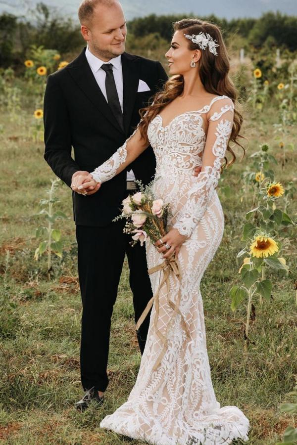 Glamorous Lace Appliques Mermaid Wedding Dress with Sleeves