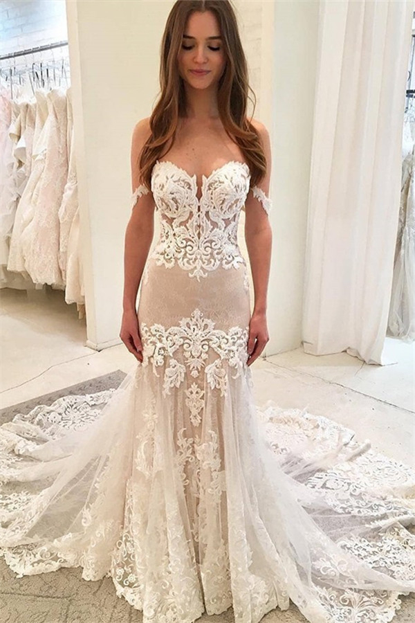 Glamorous Off-Shoulder Lace Applique Sweetheart Mermaid Wedding Dress with Ruffles