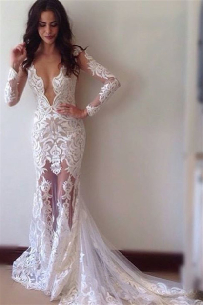Glamorous Sheath Long Sleeve Lace Applique Sexy Wedding Dress