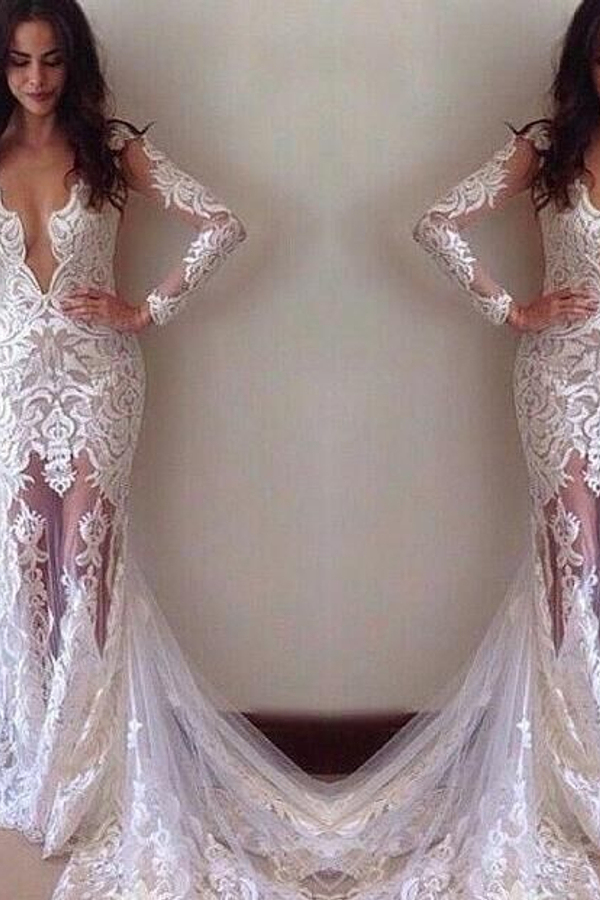 Glamorous Sheath Long Sleeve Lace Applique Sexy Wedding Dress