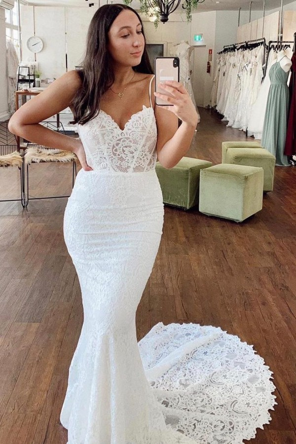 Glamorous Spaghetti Straps Mermaid Wedding Dress with Lace