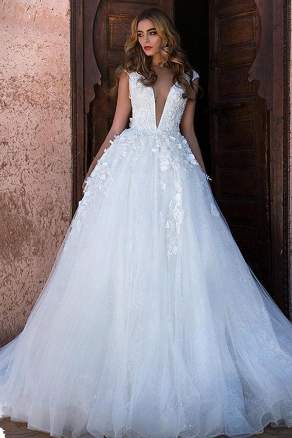 Glamorous V-Neck Cap Sleeve A-Line Wedding Dress with Lace Appliques