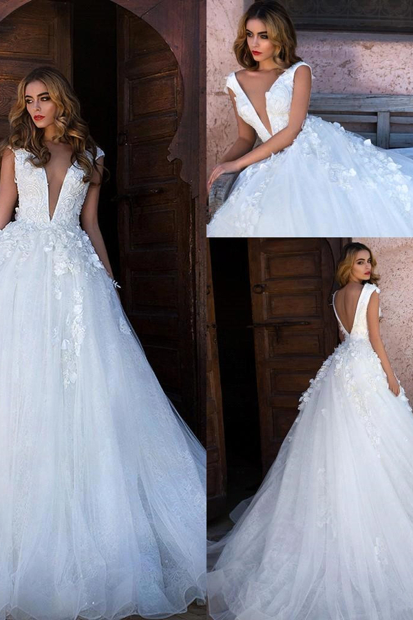 Glamorous V-Neck Cap Sleeve A-Line Wedding Dress with Lace Appliques