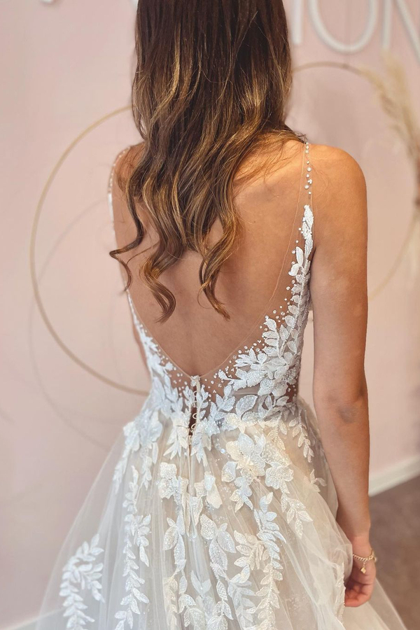 Glamorous V-Neck Floral Tulle A-Line Wedding Dress