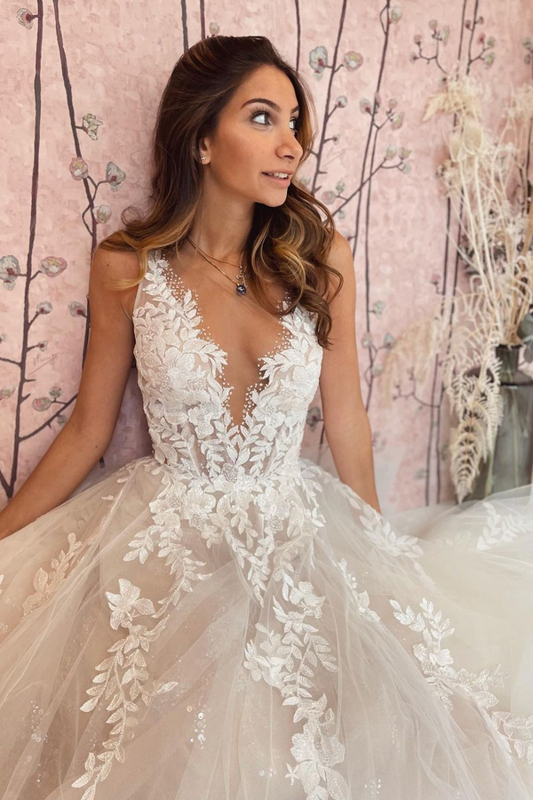 Glamorous V-Neck Floral Tulle A-Line Wedding Dress