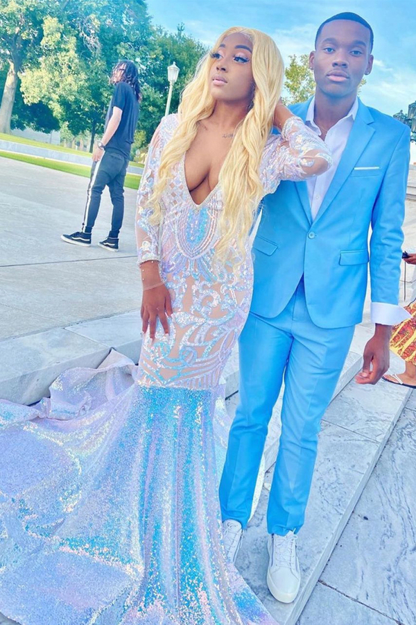 Glitter Long Sleeve Mermaid Evening Gown | Sparkly Prom Dress Sweep Train