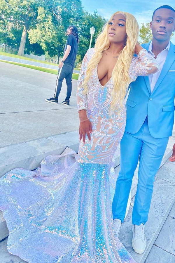 Glitter Long Sleeve Mermaid Evening Gown | Sparkly Prom Dress Sweep Train
