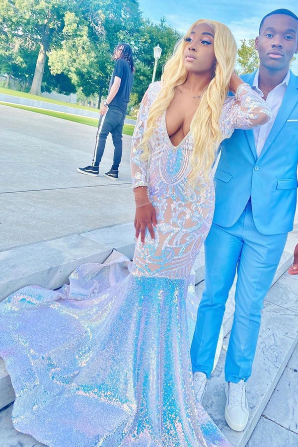 Glitter Long Sleeve Mermaid Evening Gown | Sparkly Prom Dress Sweep Train