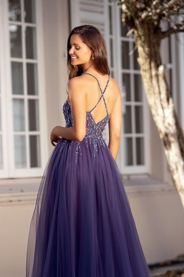 Glitter Sequin Spaghetti Straps V-Neck Evening Dress with Side Slit