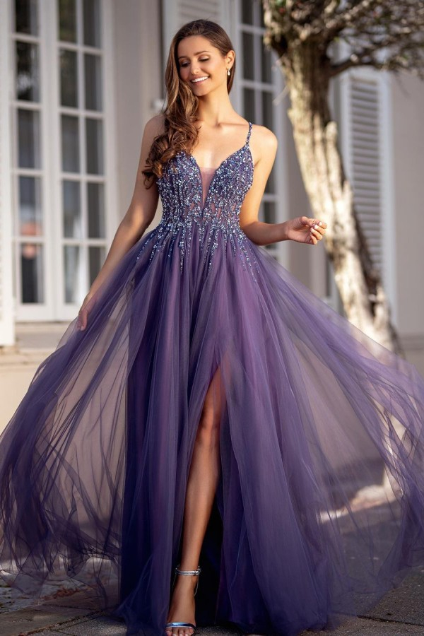 Glitter Sequin Spaghetti Straps V-Neck Evening Dress with Side Slit