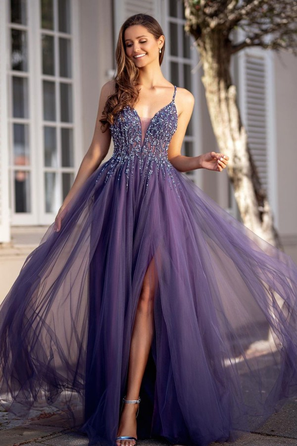Glitter Sequin Spaghetti Straps V-Neck Evening Dress with Side Slit