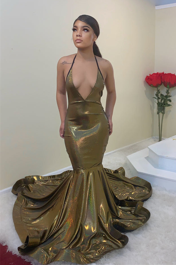 Glitter Spaghetti Strap Long Prom Dress V-Neck Mermaid Evening Dress
