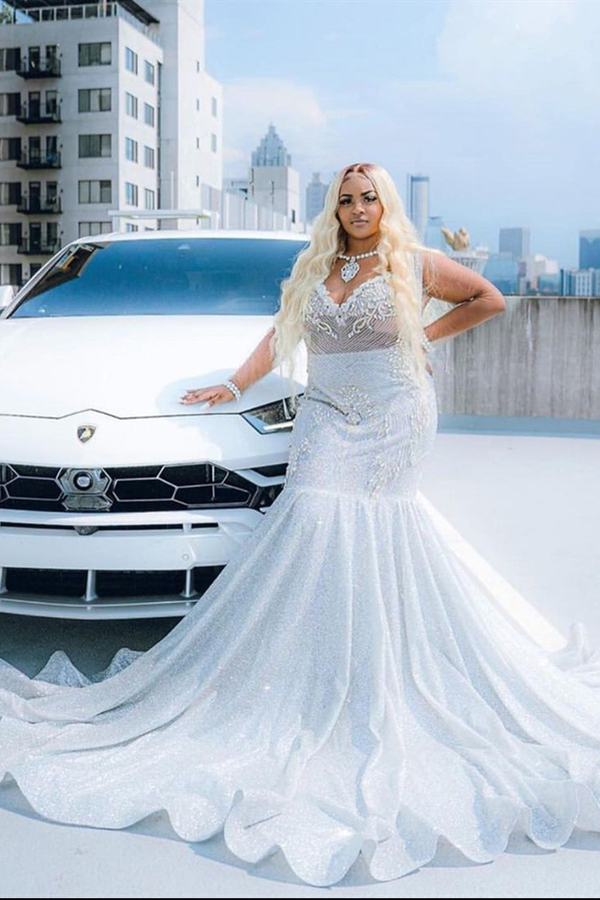 Glitter V-Neck Plus Size Prom Dress | Mermaid Evening Dress