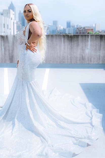 Glitter V-Neck Plus Size Prom Dress | Mermaid Evening Dress
