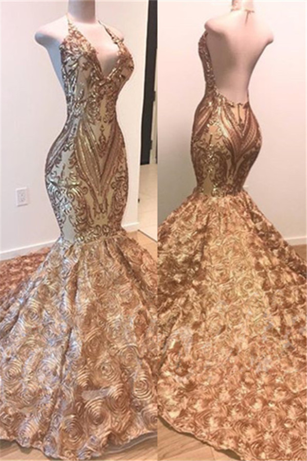 Gold Applique V-Neck Backless Mermaid Prom Dress with Long Train