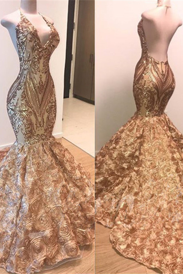 Gold Applique V-Neck Backless Mermaid Prom Dress with Long Train 