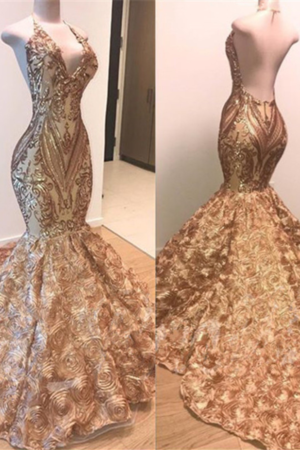 Gold Applique V-Neck Backless Mermaid Prom Dress with Long Train