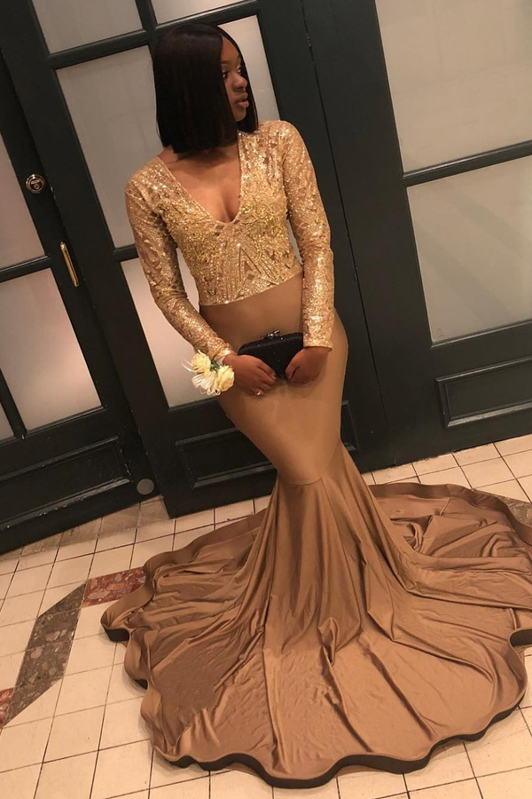 Gold Lace Appliques Mermaid Prom Dress for Juniors Sexy V-Neck Long Sleeve Graduation Dress