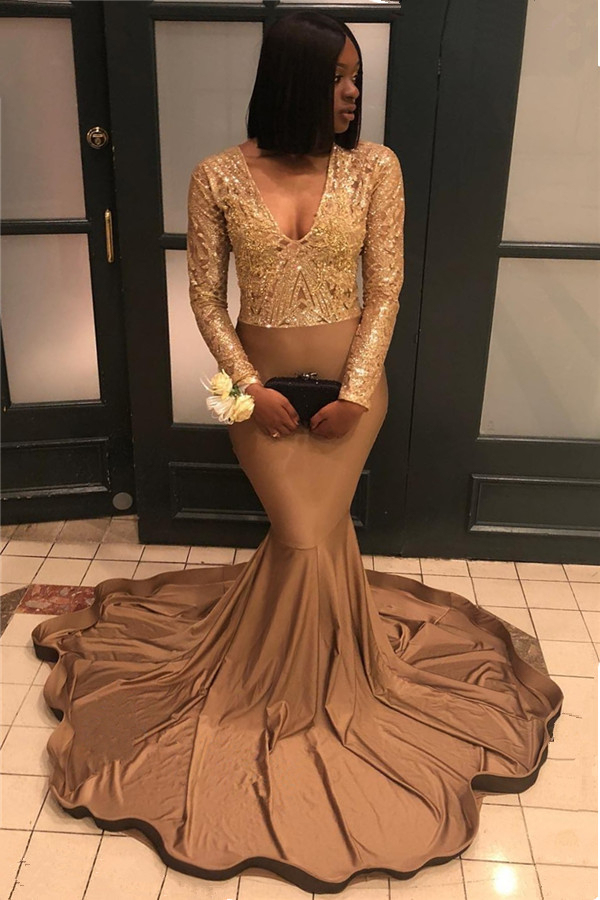 Gold Lace Appliques Mermaid Prom Dress for Juniors Sexy V-Neck Long Sleeve Graduation Dress