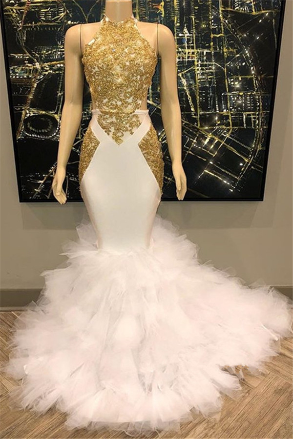 Gold Lace Appliques Mermaid Ruffle Prom Dress Affordable Open Back Evening Gown 