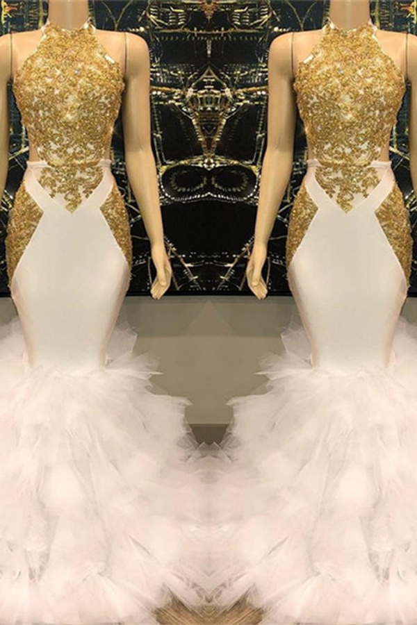 Gold Lace Appliques Mermaid Ruffle Prom Dress Affordable Open Back Evening Gown 
