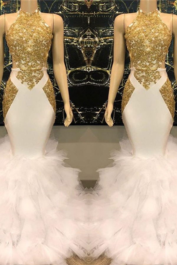Gold Lace Appliques Mermaid Ruffle Prom Dress Affordable Open Back Evening Gown