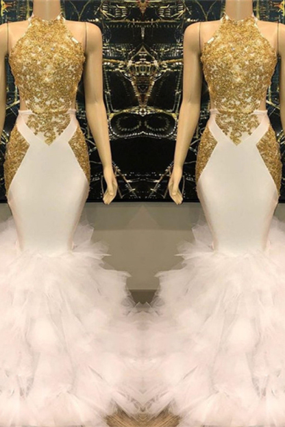 Gold Lace Appliques Mermaid Ruffle Prom Dress Affordable Open Back Evening Gown 