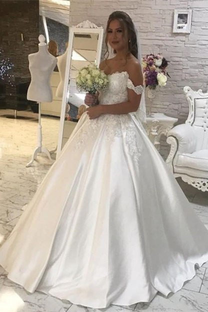 Gorgeous Ball Gown Lace White Wedding Dress with Off-Shoulder Design