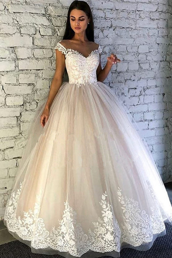 Gorgeous Cap Sleeve Crew Neck Tulle Lace Bridal Wedding Dress